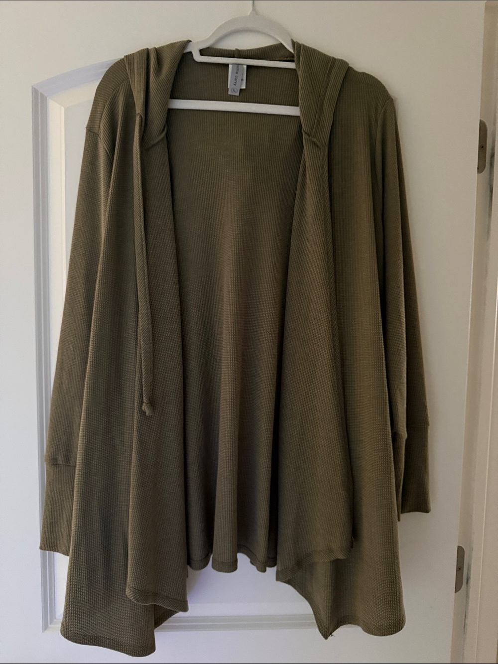 Olive Open-Front Hooded Waffle Knit cardigan with Pockets